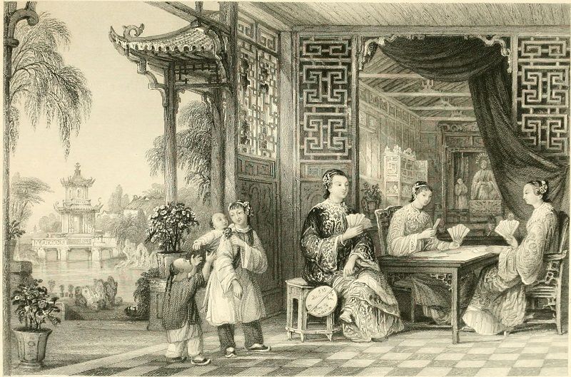Kobiety z domu chińskiego mandaryna spędzają czas na grze w karty