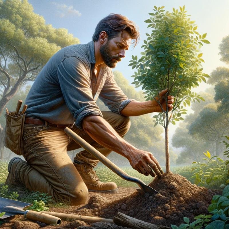 mężczyzna sadzi drzewo