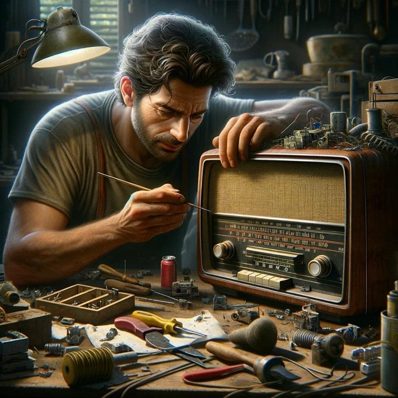 mężczyzna naprawia radio