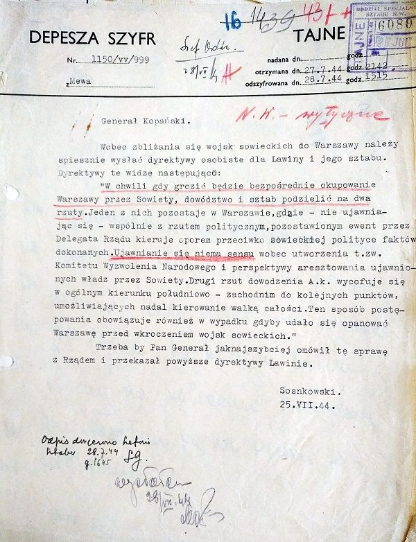 Depesza Naczelnego Wodza gen. Kazimierza Sosnkowskiego z 25 lipca 1944 do szefa sztabu NW gen. Stanisława Kopańskiego