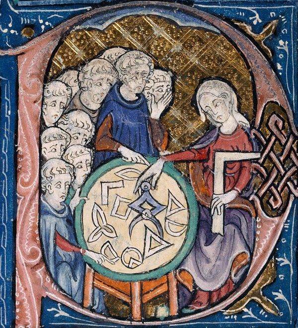 Kobieta ucząca geometrii. Grafika z XIII wieku. 